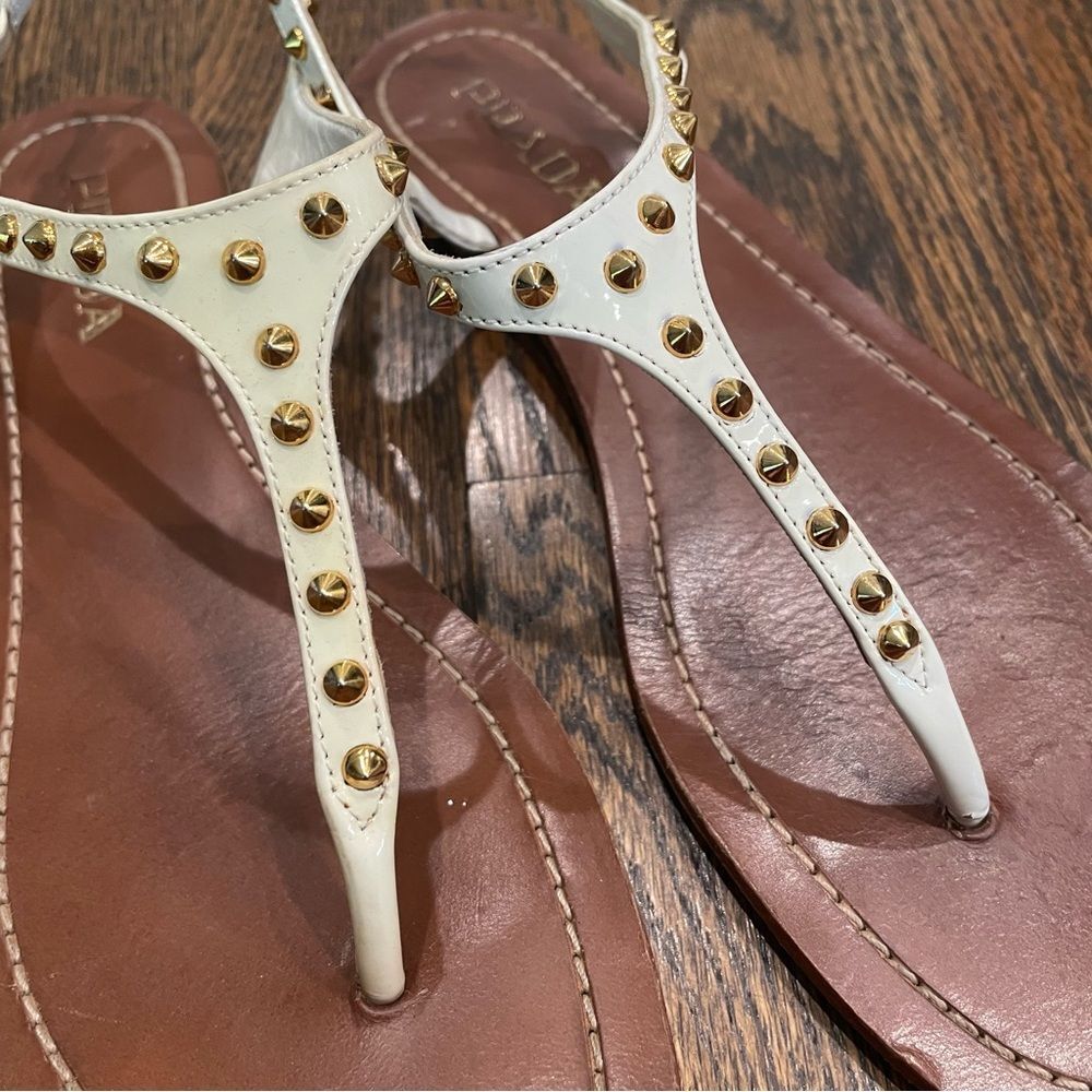 PRADA White Patent Leather Gold Studded Sandals - Picture 3 of 14